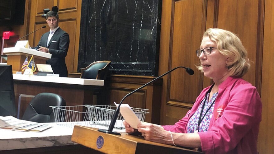 Julia Vaughn, executive director of Common Cause Indiana, speaks during a legislative redistricting hearing as Republican Rep. Tim Wesco, chairman of the Indiana House Elections Committee, looks on at the Indiana Statehouse in Indianapolis on Aug. 11, 2021.
