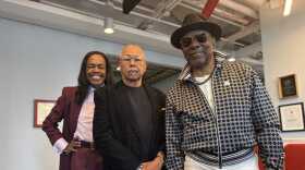 Earth, Wind & Fire members Verdine White, left, Ralph Johnson, center, and Philip Bailey pose for a portrait at NPR's New York bureau on June 2.