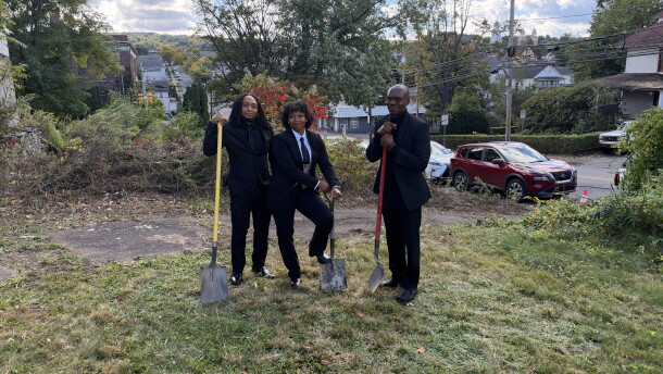 Curtis Wiltshire, left, COO of the Afree Foundation, Rashida Lovely, CEO of the Afree Foundation; and Damario Bonner, executive director of Nepa Pac, ceremonially break ground on the Welby Court Project in South Scranton.