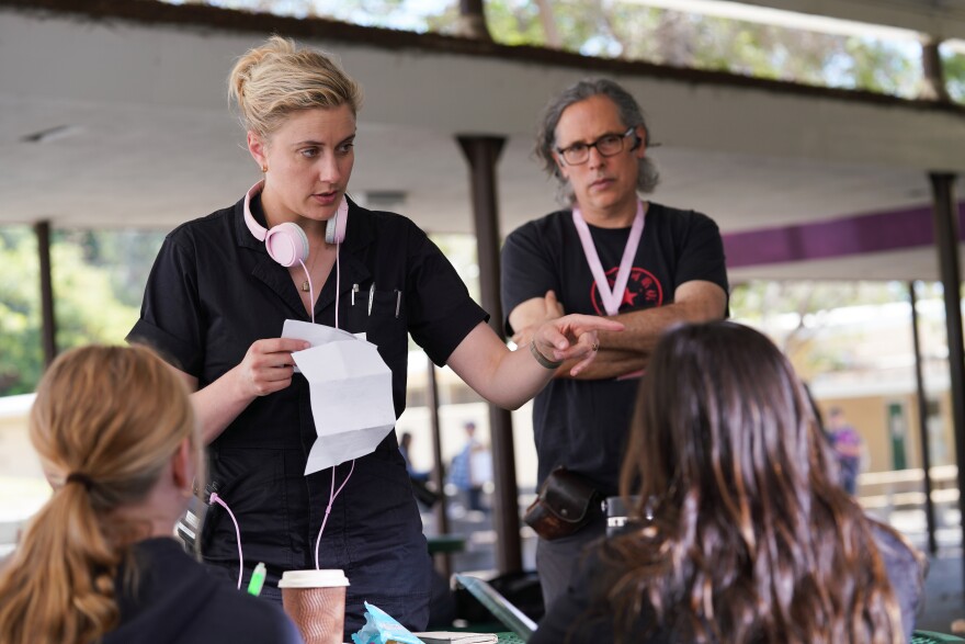 Director/writer Greta Gerwig and cinematographer Rodrigo Prieto on the set of <em>Barbie.</em>