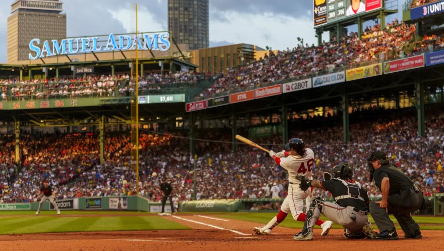 Red Sox second baseman Anthony Seigler makes contact during game three of the series against the Baltimore Orioles on Wednesday, July 22 at Fenway Park in Boston.