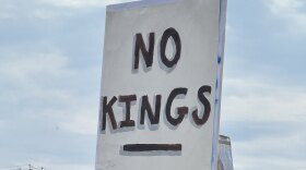 Demonstrators at a No Kings rally in Syracuse on Saturday, October 18, 2025.