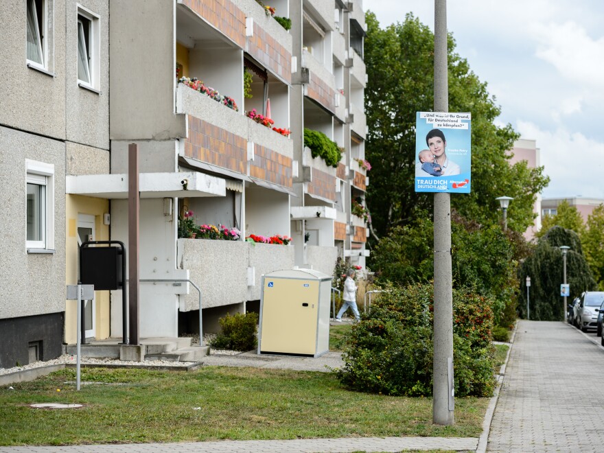 An election campaign poster for the right-wing Alternative for Germany hangs in Dresden, in Germany's east.