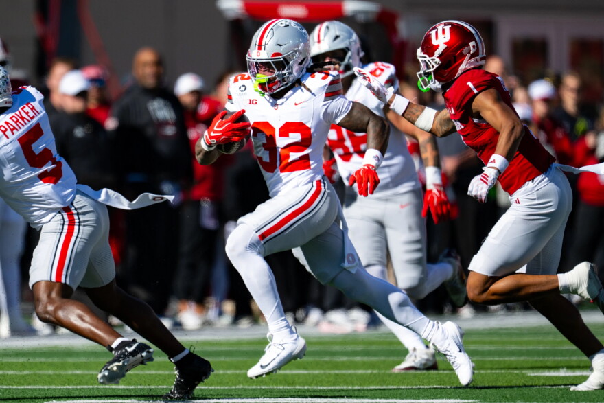 Ohio State running back Isaiah West makes a run into the Indiana secondary during the second half of an NCAA college football game, Saturday, Oct. 17, 2026, in Bloomington, Ind.