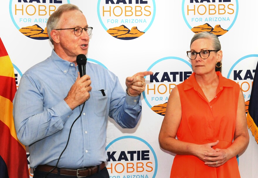 John Giles, chosen by Katie Hobbs to be her running mate, addresses a rally of supporters, August 16, 2026.