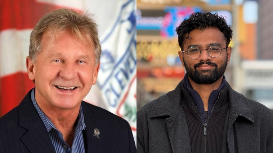 A split screen shot of Tanmay Shah, on the right and incumbent Danny Kelly, on the left.