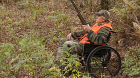 A hunter using a folding-frame wheelchair sits in a wooded area during fall. He is holding a shotgun and wearing camouflage clothing with a bright orange safety vest and camouflage cap.
