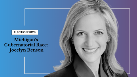A woman in professional attire smiles in a black and white photo, with text reading “Michigan’s Gubernatorial Race: Jocelyn Benson, Election 2026” on a blue gradient background.