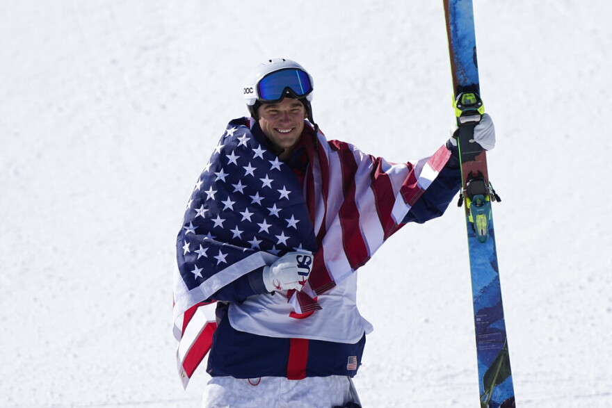 Silver medal winner United State's Nick Goepper celebrates during the venue award ceremony for the men's slopestyle finals at the 2022 Winter Olympics, Wednesday, Feb. 16, 2022, in Zhangjiakou, China.