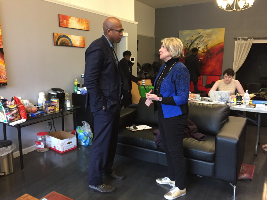 Ohio treasurer candidate Rob Richardson (left) and former Cleveland Mayor Jane Campbell discussed criminal justice reform during his Northeast Ohio campaign swing. 