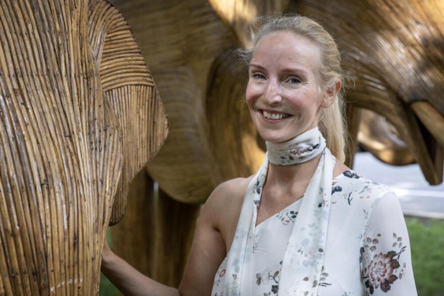 Ruth Ganesh, a co-founder of The Great Elephant Migration, an installation of 100 life-sized elephant sculptures that has appeared across the U.S.  (Robin Lubbock/WBUR)