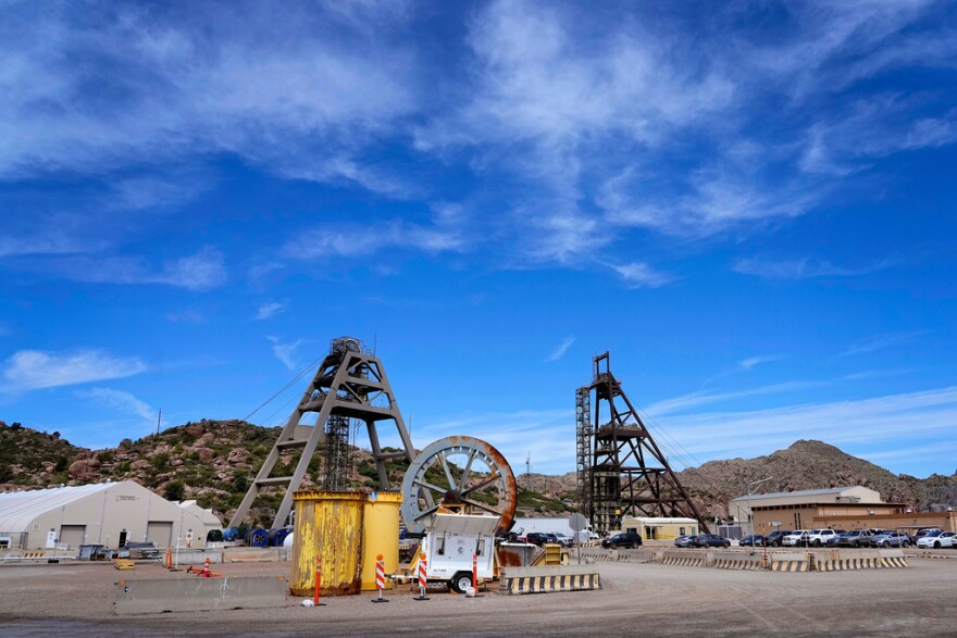 Mine shafts 10, left, and 9, right, tower over the Resolution Copper Mining Company facility, June 9, 2023, in Miami, Ariz.