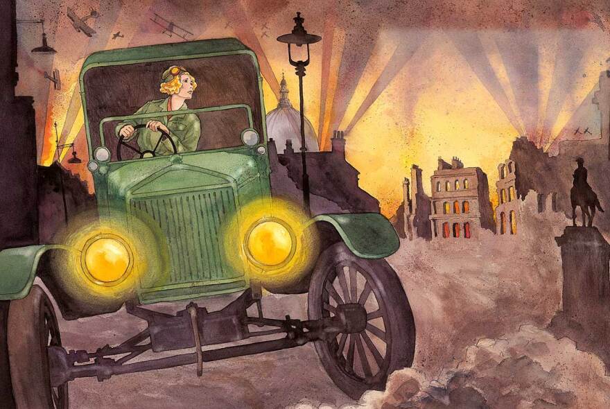 Gladys Sandford driving an ambulance in London during WWI, in an illustration by Jenny Cooper