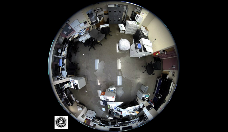 A flooded office at the Oklahoma County Jail, viewed from an overhead security camera.