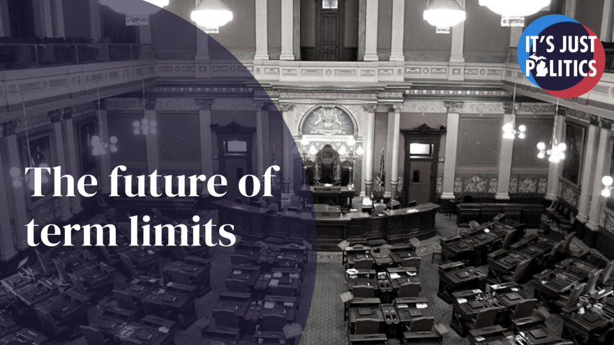 A photo of the chamber inside the Michigan Capitol with words overtop that say "The future of term limits."