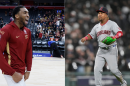 Side-by-side photos: Cleveland Cavaliers guard Donovan Mitchell celebrates as he leaves the court following a win over the Detroit Pistons in Game 7 in a second-round NBA basketball playoffs series Sunday, May 17, 2026, in Detroit. | Cleveland Guardians' Jose Ramirez celebrates after winning Game 4 of baseball's American League Division Series against the Chicago White Sox, Thursday, Oct. 8, 2026, in Chicago.