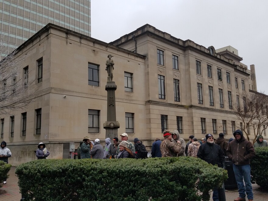 Protesters in front of the confederate monument in downtown Winston-Salem calling for the statue's removal.