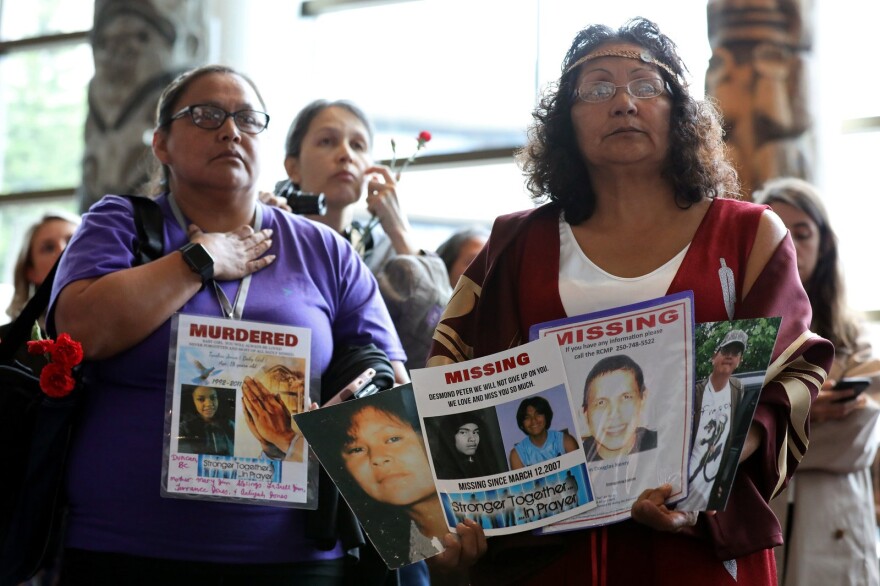 Women attend the closing ceremony of the National Inquiry into Missing and Murdered Indigenous Women and Girls on Monday in Gatineau, Quebec. Chris Wattie/Reuters