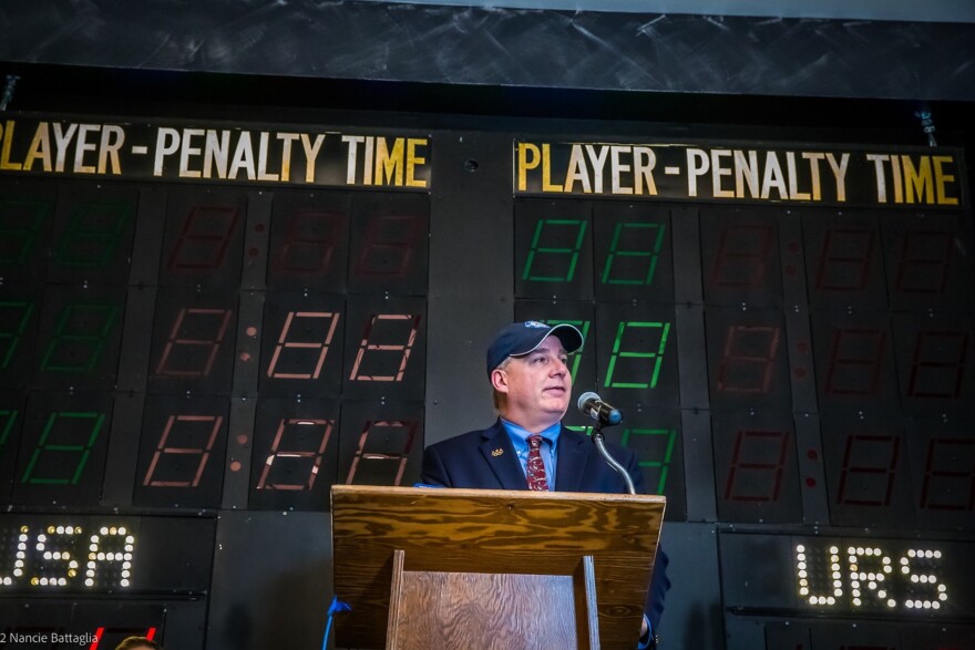 Mike Pratt at the re-opening of the remodeled Olympic Museum in Lake Placid.