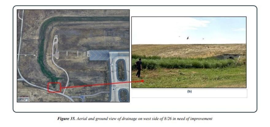 Two images show an aerial and perspective view of a field off a tarmac. 