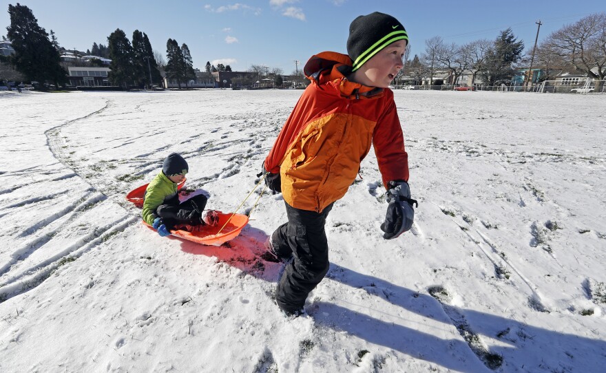 Cameron Moore, 12, pulls his brother Lucas, 8, along on a sled across a play field covered with about an inch of snow Thursday morning, Feb. 22, 2018, in Seattle. 