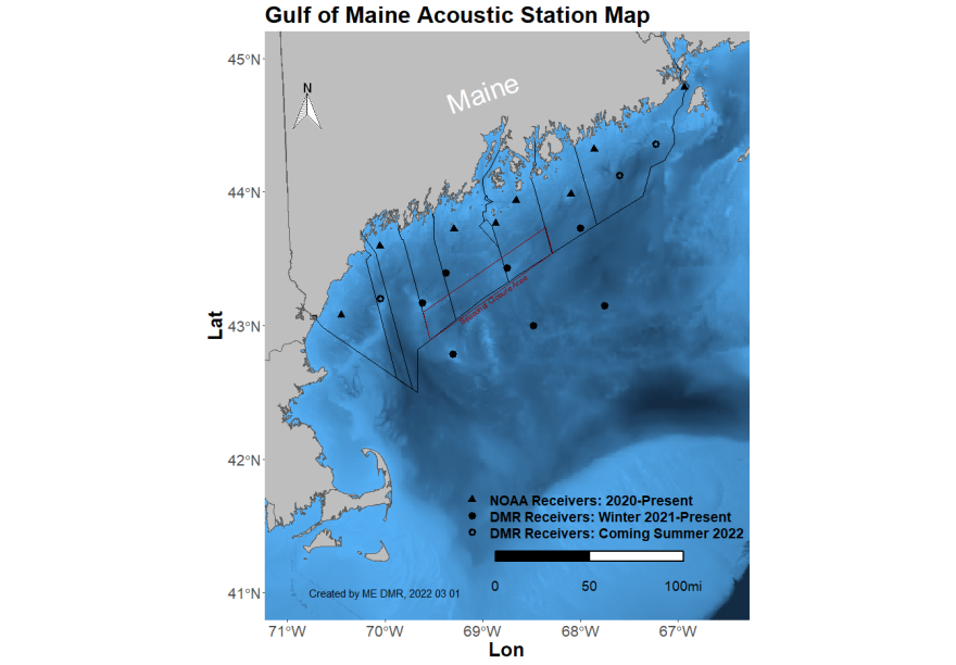 The Maine Department of Marine Resources current and planned deployments of acoustic whale detectors going into Maine waters, including the Northeast Fishery Science Center deployments. The DMR deployments are being done in collaboration with the University of Maine. The red outline is the new seasonal restriction zone for lobstermen.