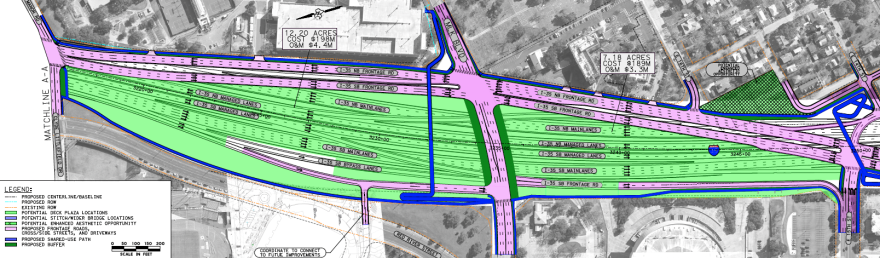 A TxDOT schematic map showing a shaded green area between East 15th Street and Clyde Littlefield Drive. The shaded green area is where the University of Texas could pay to put a cap over I-35.