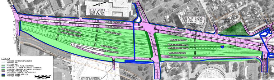 A TxDOT schematic map showing a shaded green area between East 15th Street and Clyde Littlefield Drive. The shaded green area is where the University of Texas could pay to put a cap over I-35. 