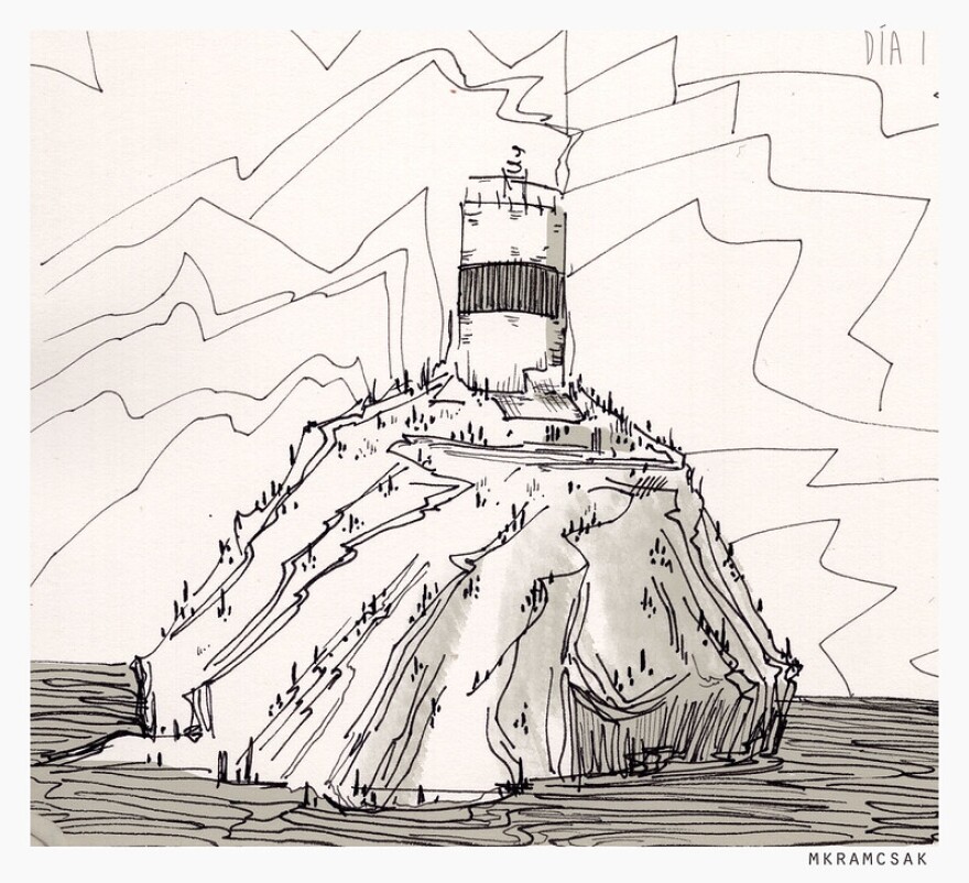 Black and white ink drawing of a lighthouse on an island