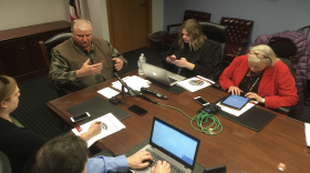 Ohio House Speaker Larry Householder talks to reporters