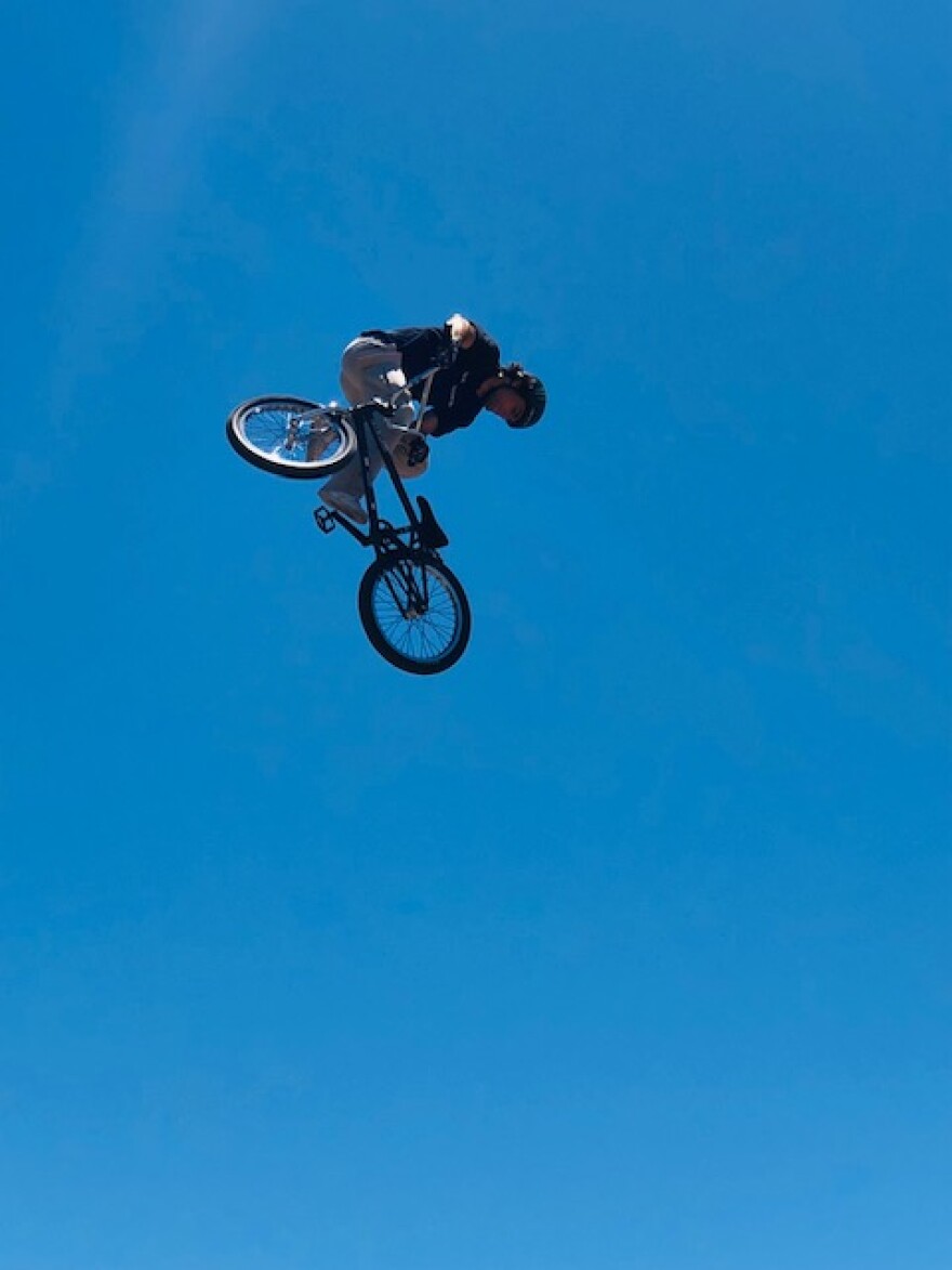 A BMX rider practicing for the X Games at the Ventura County Fairgrounds.