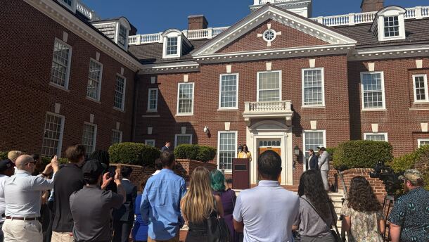 State Sen Kyra Hoffner introduces her hemp decriminalization bill outside Legislative Hall in Dover.
