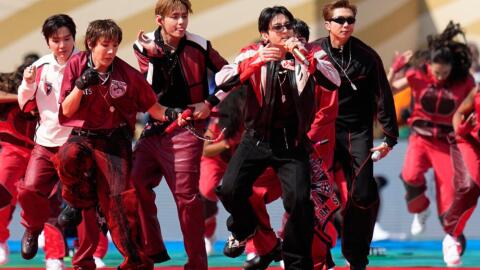 South Korean boy band BTS perform during the halftime show of the World Cup final soccer match between Spain and Argentina in East Rutherford, N.J., near New York, Sunday, July 19, 2026. (Ashley Landis/AP)