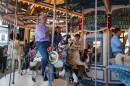 Todd Goings, president of Carousels and Carvings in Marion, sits on a horse during the inaugural ride of the new carousel at the Ohio State Fairgrounds.