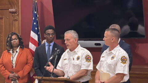 Cleveland Fire Capt. Bob Zimmerer speaks during a press conference about the findings of a report on the explosion that occurred in June 2025 at the Rainbow Terrace apartments.