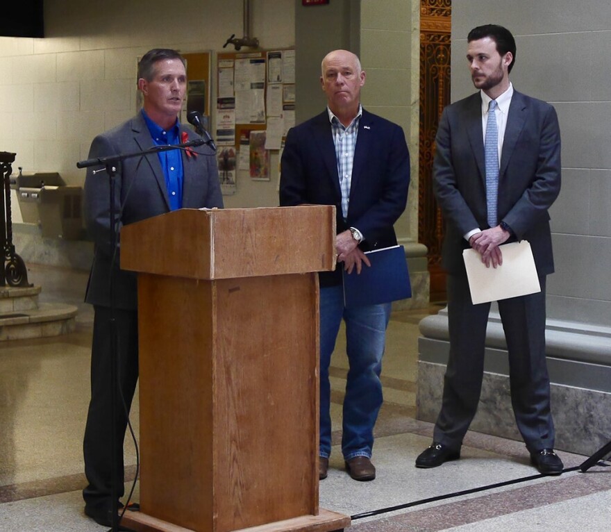 (L to R) Butte-Silver Bow Chief Executive J.P. Gallagher, Gov. Gianforte, and DPHHS Director Charlie Bremerton during an October 25, 2022 press conference on HEART fund grants to local detention centers for addiction and recovery treatment.