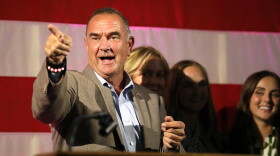 Mike Kehoe points to the crowd after announcing his win of the Missouri governor GOP primary on Tuesday, August 6, 2024 at Capital Bluffs Event Center in Jefferson City, Mo.