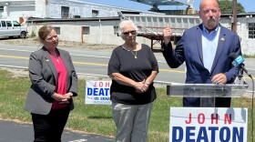 Kari MacRae, left, a candidate in the September 2024 Republican primary for state Senate, attended a press conference led by U.S. Senate candidate John Deaton in July 2024. MacRae has filed lawsuits alleging that election officials in some of the towns in the Plymouth and Barnstable District did not verify signatures on early ballots.