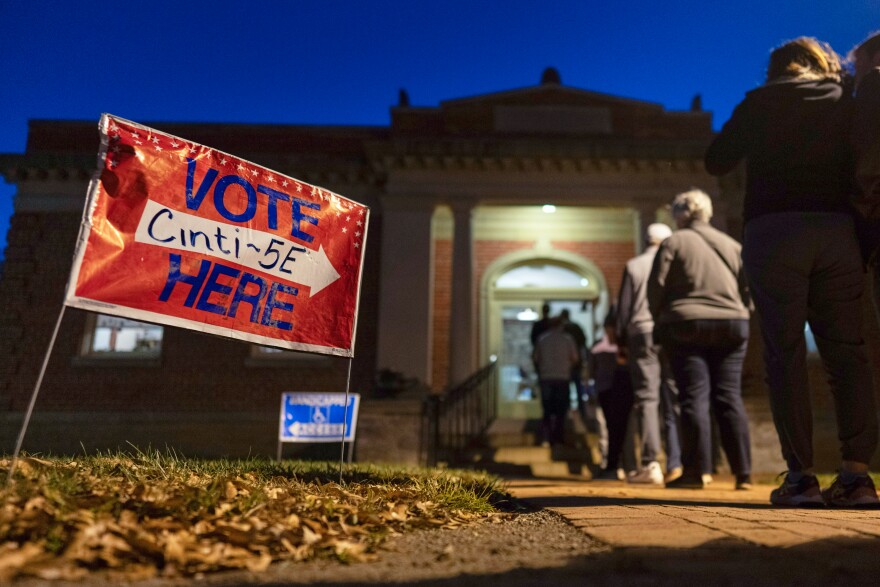 FILE - Voters line up to enter their polling place at the Cincinnati Observatory on election day, Nov. 5, 2024, in Cincinnati.