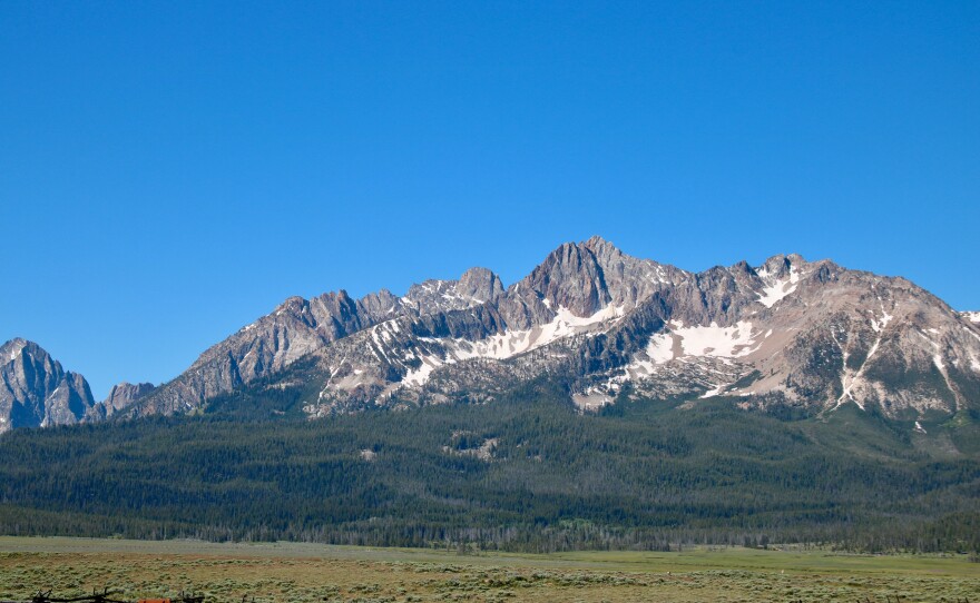 A view of the Sawtooth Mountains on a sunny, blue-sky day. 