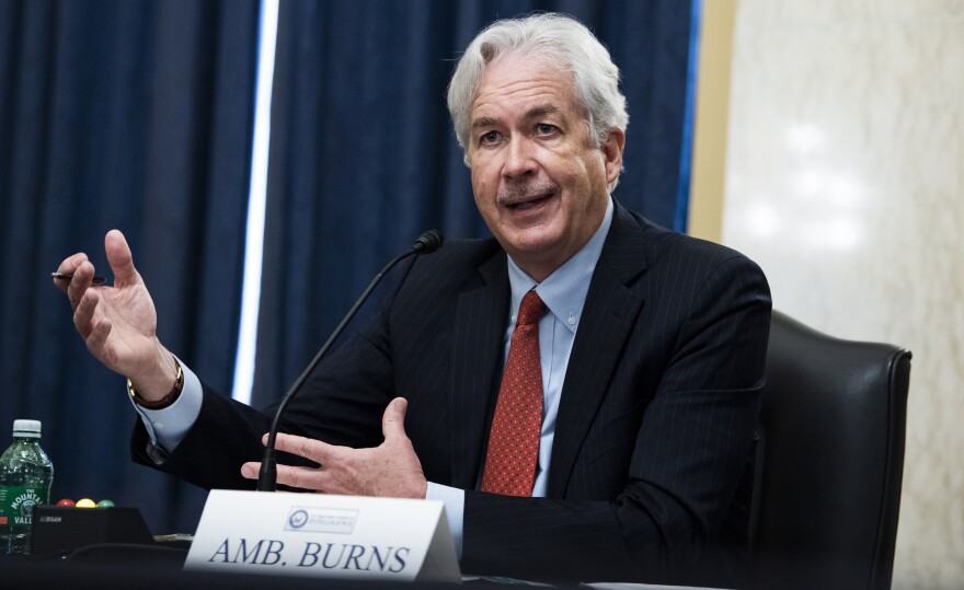 William Burns, President Biden's nominee for CIA director, testifies before the Senate Intelligence Committee on Wednesday. Burns served more than 30 years at the State Department and would be the first career diplomat to lead the spy agency.