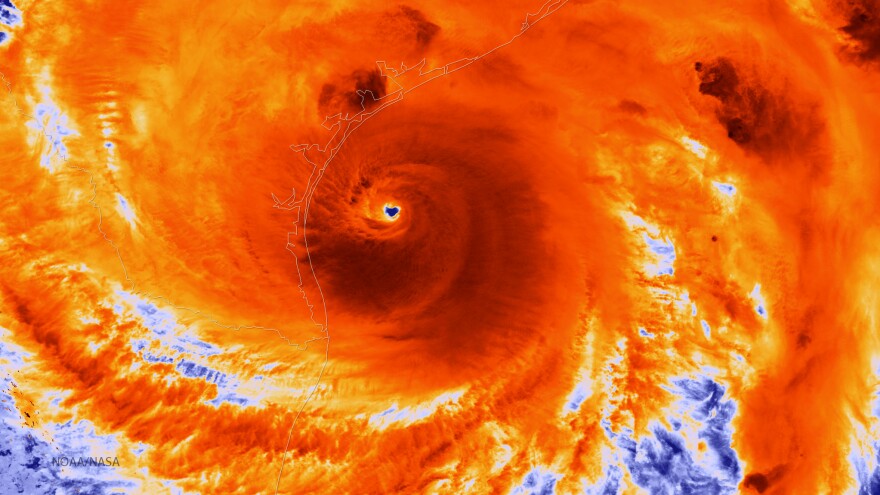 An infrared satellite image shows Hurricane Harvey just prior to making landfall on Aug. 25, 2017. Warm water in the Gulf of Mexico fed heavy rains, according to new research.