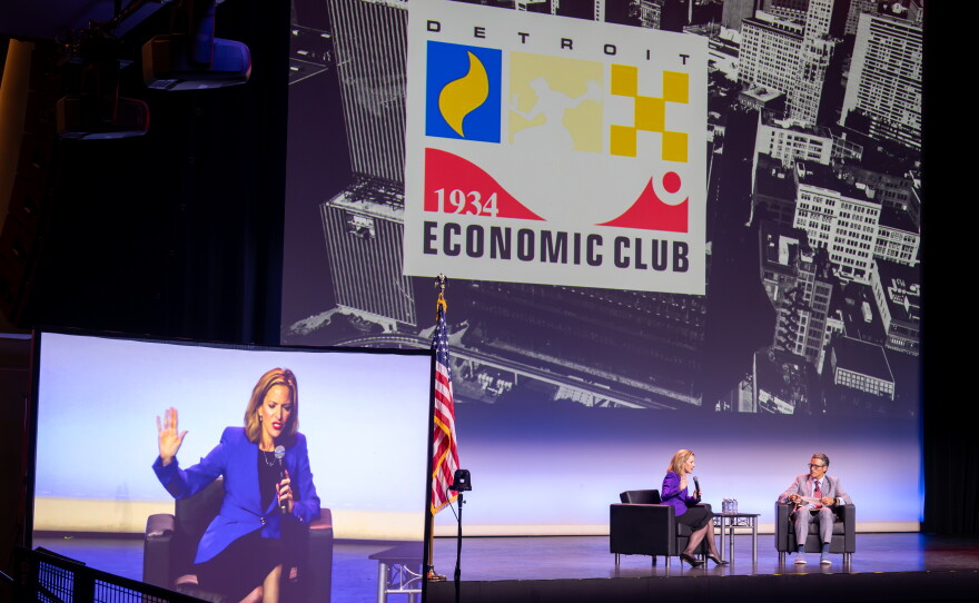 Jocelyn Benson, Michigan's secretary of state and the Democratic candidate for governor, speaks at the Detroit Economic Club on September 16, 2026.