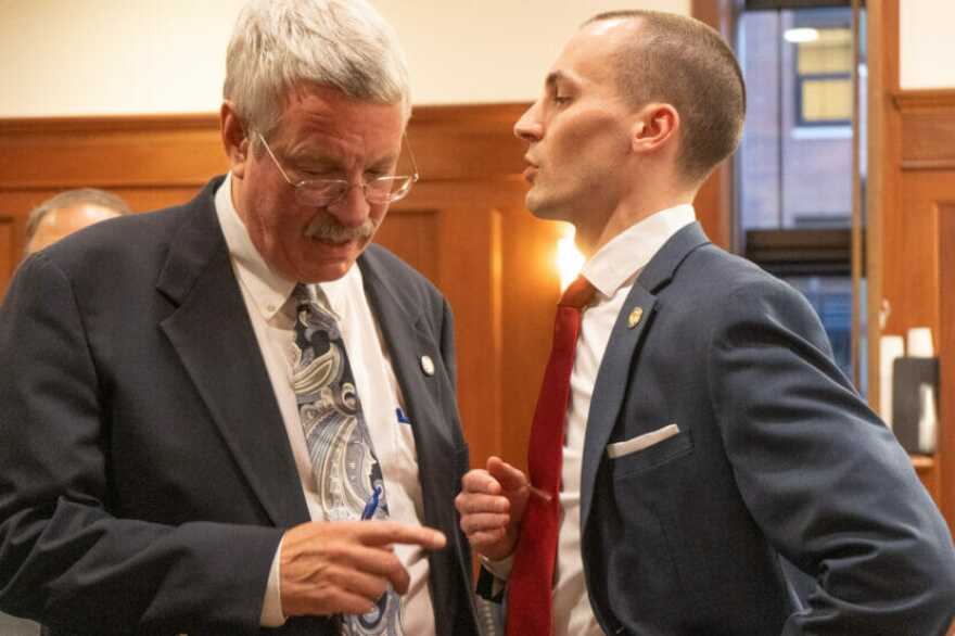 House Majority Leader Rep. Dan Saddler (R-Eagle River) speaks with Minority Leader rep. Calvin Schrage (I-Anchorage) on the last day of the regular session on May 17, 2023. (Lex Treinen/Alaska Public Media)