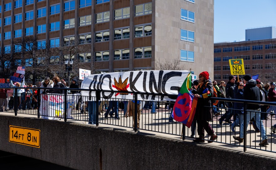 Thousands gathered at the Michigan Capitol in Lansing, Mich., on March 28, 2026, for a No Kings rally.