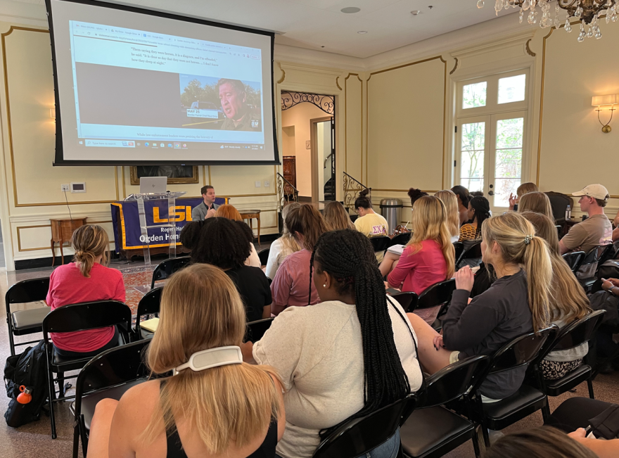 Tony Plohetski, a reporter at the Austin American-Statesman, discusses his reporting on the Uvalde school shooting to students at LSU’s Manship School of Communication