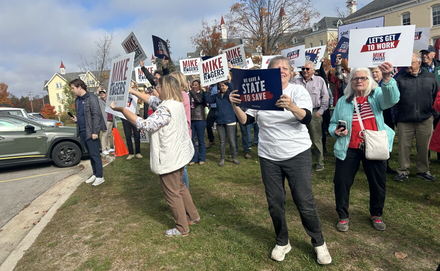 Supporters of Michigan Republican U.S. Senate candidate Mike Rogers rally before he attended an event hosted by the Northern Michigan Chamber Alliance in Traverse City on Friday, Oct. 23, 2026.
