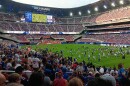 Buffalo Bills players stretch on the field prior to the start of the team's 'Return of the Blue and Red' practice inside Highmark Stadium, Saturday, August 8, 2026.