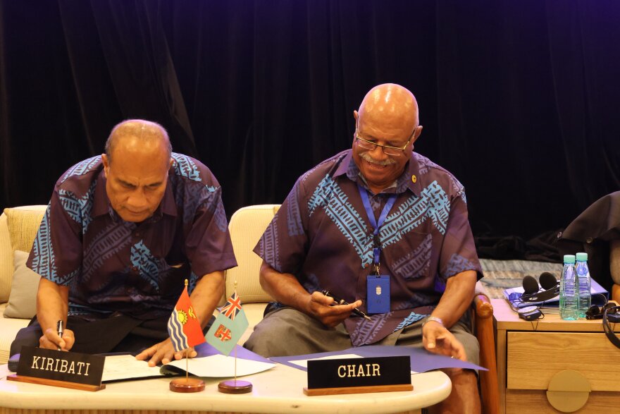 Kiribati marks its return to the Forum family and enters into the Suva Agreement with Fiji Prime Minister Hon. Sitiveni Ligamamada Rabuka and Kiribati President H.E Taneti Maamau on Feb. 23, 2023.