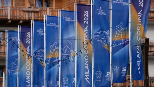 Signs for the 2026 Winter Olympics are displayed in Bormio, Italy, on Friday, Feb. 6, 2026.